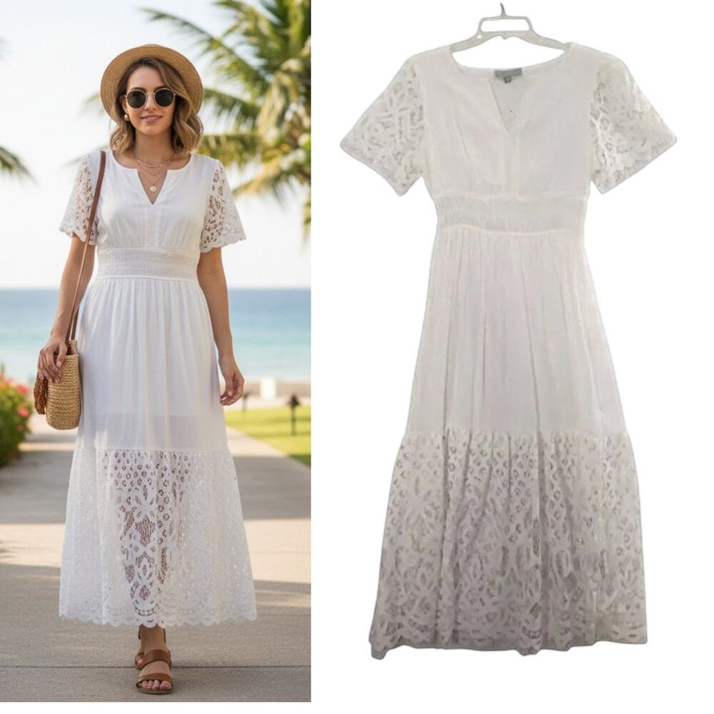 J. Gee White Lace Maxi Dress M NWT Resort Wear Boho Coastal Cottagecore Smocked